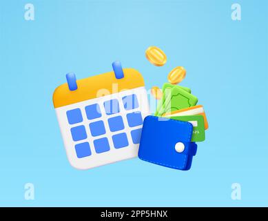 3D calendar with digital wallet, banking credit cards, dollars and flying coins isolated on gradient background. Design concept for promotion, finance, advertising, saving days. 3D vector illustration. Vector illustration Stock Vector