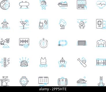 Water sports linear icons set. Surfing, Kayaking, Swimming, Diving, Rowing, Paddleboarding, Sailing line vector and concept signs. Windsurfing,Boating Stock Vector