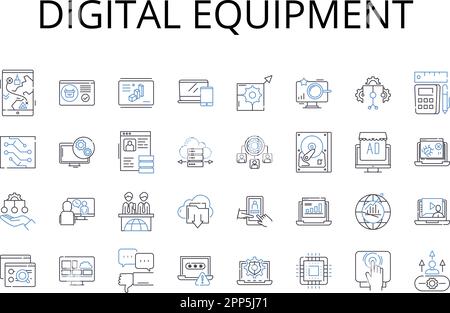 Digital equipment line icons collection. Electronic devices, Cyber gadgets, Virtual instruments, Technological machines, Computational tools, Online Stock Vector
