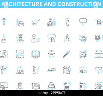 Architecture and construction linear icons set. Blueprint, Foundation, Modern, Traditional, Structure, Design, Innovation line vector and concept Stock Vector
