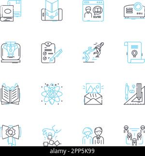 Scholastic features linear icons set. Curriculum, Library, Textbooks, Worksheets, Reference, Readings, Assessment line vector and concept signs Stock Vector