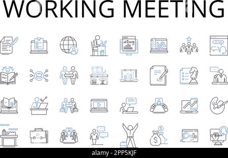 Working meeting line icons collection. Planning session, Team brainstorm, Creative workshop, Productive huddle, Brain dump, Collaboration session Stock Vector