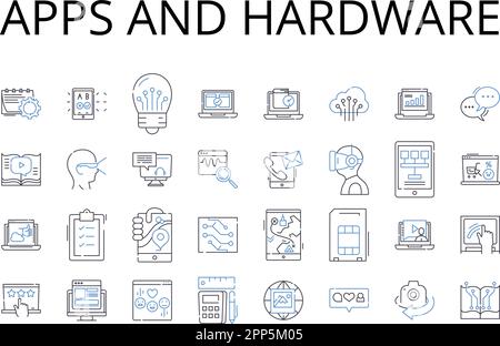 Apps and hardware line icons collection. Software and technology, Food and cuisine, Fun and entertainment, Art and creativity, Love and romance Stock Vector
