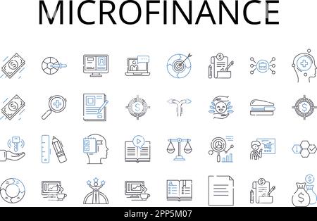 microfinance line icons collection. Crowd funding, Peer-to-peer lending, Angel investing, Venture capital, Social enterprise, Impact investing Stock Vector