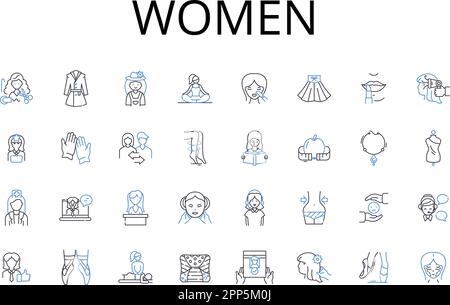 Women line icons collection. Men, Ladies, Gals, Females, Damsels, Chicks, Babes vector and linear illustration. Girls,Wives,Mothers outline signs set Stock Vector