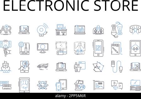 Electronic store line icons collection. Gadget shop, Tech store, Device retailer, Digital emporium, Computer mart, Multimedia outlet, Audiovisual Stock Vector
