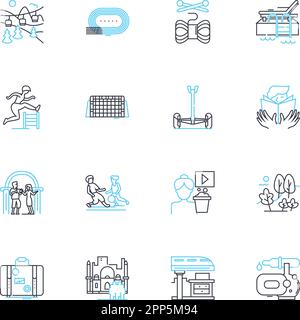 Adventure trip linear icons set. Hiking, Camping, Kayaking, Climbing, Rafting, Trekking, Biking line vector and concept signs. Wildlife,Scuba Stock Vector
