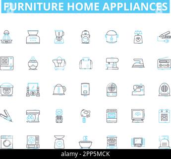 Furniture home appliances linear icons set. Sofa, Chair, Table, Bed, Dresser, Desk, Bookcase line vector and concept signs. Ottoman,Recliner,Mattress Stock Vector