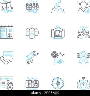 Product design linear icons set. Aesthetics, Ergonomics, Innovation, Functionality, Prototyping, Sketching, Form line vector and concept signs Stock Vector