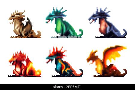 set vector pixel illustration of colorful magic cute dragons isolate on white background Stock Vector