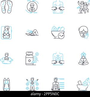 Complementary medicine linear icons set. Acupuncture, Aromatherapy, Homeopathy, Naturopathy, Meditation, Yoga, Reiki line vector and concept signs Stock Vector