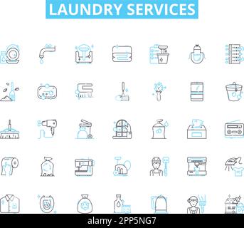Laundry services linear icons set. Washing, Drying, Ironing, Folding, Stain-removal, Bleaching, Dry-cleaning line vector and concept signs. Pressing Stock Vector