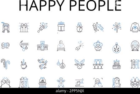 Happy people line icons collection. Joyful individuals, Contented beings, Blissful souls, Pleased personalities, Gratified folks, Elated humans Stock Vector