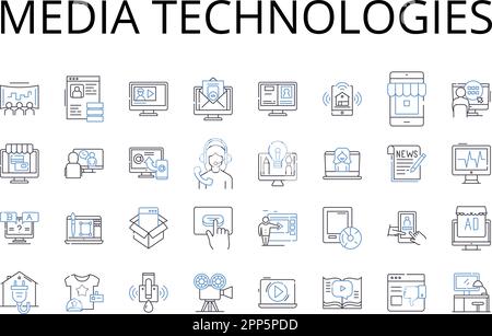 Media technologies line icons collection. Digital devices, Information systems, Communication tools, Computer programs, Technology systems, Machine Stock Vector