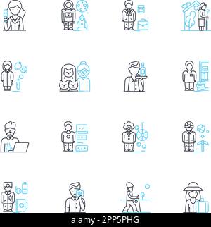 Sociology linear icons set. Culture, Identity, Inequality, Norms, Power, Class, Race line vector and concept signs. Gender,Socialization Stock Vector