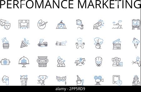 Perfomance marketing line icons collection. Digital advertising, Content marketing, Brand management, SEO optimization, Affiliate marketing, Email Stock Vector