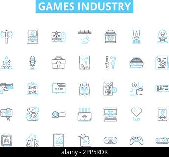 Games industry linear icons set. Gaming, Competition, Innovation, Fun, Strategy, Entertainment, Multiplayer line vector and concept signs. Adventure Stock Vector