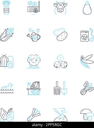 Crop science linear icons set. Agronomy, Genetics, Biotechnology, Irrigation, Soil, Yield, Fertilization line vector and concept signs. Harvest Stock Vector