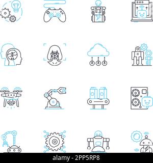 Automation Engineering linear icons set. Robotics, Mechatronics, Programming, Control, Industrial, Integration, Sensors line vector and concept signs Stock Vector