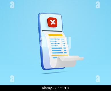 3d minimal bill cancellation. checkout unsuccessful. Printing receipt on machine with cross mark isolated on gradient background. 3d vector illustration. Vector illustration Stock Vector