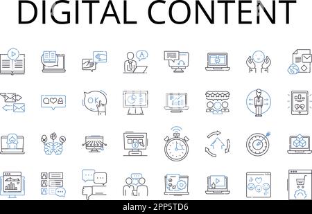 Digital content line icons collection. Online presence, Electronic media, Virtual assets, Cyber information, Web data, Computerized material Stock Vector