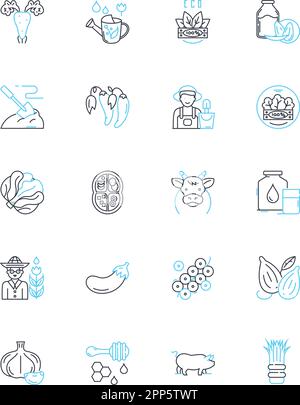 Agribusiness linear icons set. Farming, Livestock, Produce, Irrigation, Fertilizer, Harvest, Cultivation line vector and concept signs. Agronomy Stock Vector