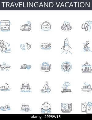 Travelingand vacation line icons collection. Journeying, Roaming, Sightseeing, Touring, Exploring, Backpacking, Trekking vector and linear Stock Vector