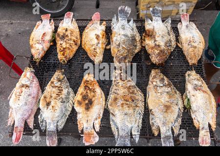 Salted and stuffed fish for sale in Northern Thailand on a grill in iopen market Stock Photo