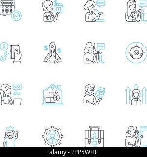 Girls jobs linear icons set. Empowerment, Equality, Diversity, Ambition, Creativity, Leadership, Resilience line vector and concept signs. Innovation Stock Vector