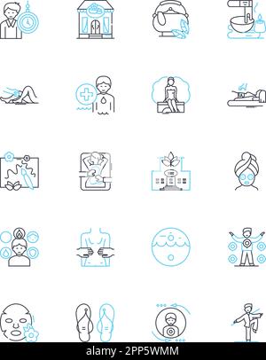 Complementary medicine linear icons set. Acupuncture, Aromatherapy, Homeopathy, Naturopathy, Meditation, Yoga, Reiki line vector and concept signs Stock Vector
