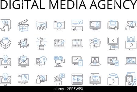 Digital media agency line icons collection. Creative studio, Marketing firm, Design agency, Advertising company, Branding agency, Communications firm Stock Vector