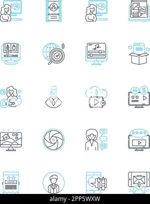 Search engine linear icons set. Google, Yahoo, Bing, Search, Results, Algorithms, Optimization line vector and concept signs. Crawling,Indexing,SERP Stock Vector
