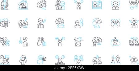 Mental science linear icons set. Psychology, Psychotherapy, Mental health, Cognition, Emotion, Perception, Mood line vector and concept signs. Anxiety Stock Vector