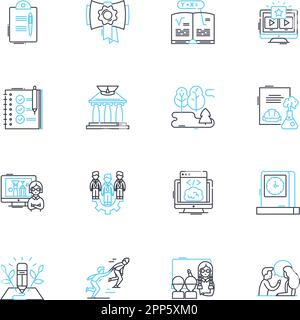 Teaching elements linear icons set. Curriculum, Pedagogy, Classroom, Instruction, Methodology, Assessment, Learning line vector and concept signs Stock Vector