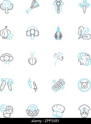 Harvest linear icons set. Bounty, Abundance, Feast, Crops, Fields, Farming, Yield line vector and concept signs. Reaping,Cornucopia,Ripe outline Stock Vector
