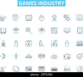Games industry linear icons set. Gaming, Competition, Innovation, Fun, Strategy, Entertainment, Multiplayer line vector and concept signs. Adventure Stock Vector