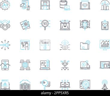 Social media analysis linear icons set. Engagement, Metrics, Sentiment, Virality, Insights, Monitoring, Reputation line vector and concept signs Stock Vector