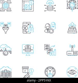 Market researching linear icons set. Demographics, Surveys, Sampling, Branding, Focus groups, Feedback, Target audience line vector and concept signs Stock Vector