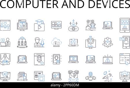Computer and devices line icons collection. PC, laptop, tablet, smartph, smartwatch, desktop, server vector and linear illustration. gaming console Stock Vector