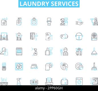 Laundry services linear icons set. Washing, Drying, Ironing, Folding, Stain-removal, Bleaching, Dry-cleaning line vector and concept signs. Pressing Stock Vector