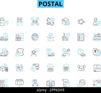 Postal linear icons set. Envelopes, Packages, Stamps, Mailboxes, Letters, Postmarks, Couriers line vector and concept signs. Delivery,Postcards Stock Vector