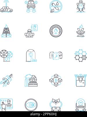 Foreign trade linear icons set. Globalization, Exports, Imports, Tariffs, Trade deficit, Currency exchange, Geopolitics line vector and concept signs Stock Vector