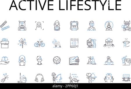 Active lifestyle line icons collection. Vibrant health, Dynamic living, Robust fitness, Energetic movement, Agile motion, Lively activity, Spry living Stock Vector