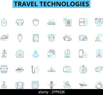 Travel technologies linear icons set. Geolocation, E-ticketing, Virtual reality, Mobile booking, Loyalty, Wi-Fi, Artificial intelligence line vector Stock Vector