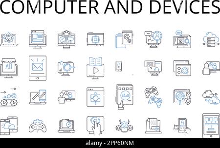 Computer and devices line icons collection. PC, laptop, tablet, smartph, smartwatch, desktop, server vector and linear illustration. gaming console Stock Vector