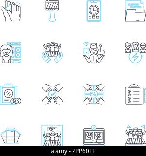 Workstation linear icons set. Productivity, Ergonomics, Multitasking, Efficiency, Organization, Comfort, Stability line vector and concept signs Stock Vector