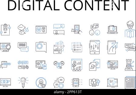 Digital content line icons collection. Online presence, Electronic media, Virtual assets, Cyber information, Web data, Computerized material Stock Vector