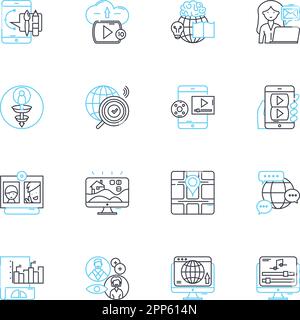 Computer applications linear icons set. Excel, Photoshop, PowerPoint, Illustrator, InDesign, Video, Browser line vector and concept signs. Gaming,CAD Stock Vector