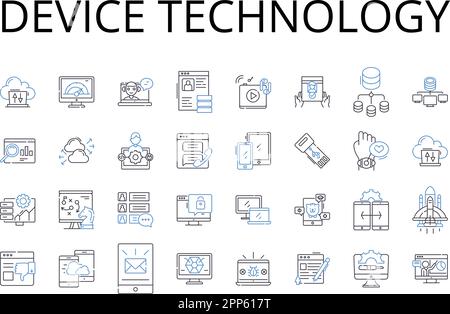 Device technology line icons collection. Communication nerk, Information technology, Surveillance system, Electronic gadget, Computing technology Stock Vector