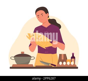 Chef Woman Preparing Fresh Fish for Cooking Stock Vector